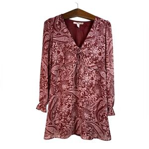 Forever 21 Burgundy Floral Paisley Long Sleeve Sheer Dress Size S Boho Y2K